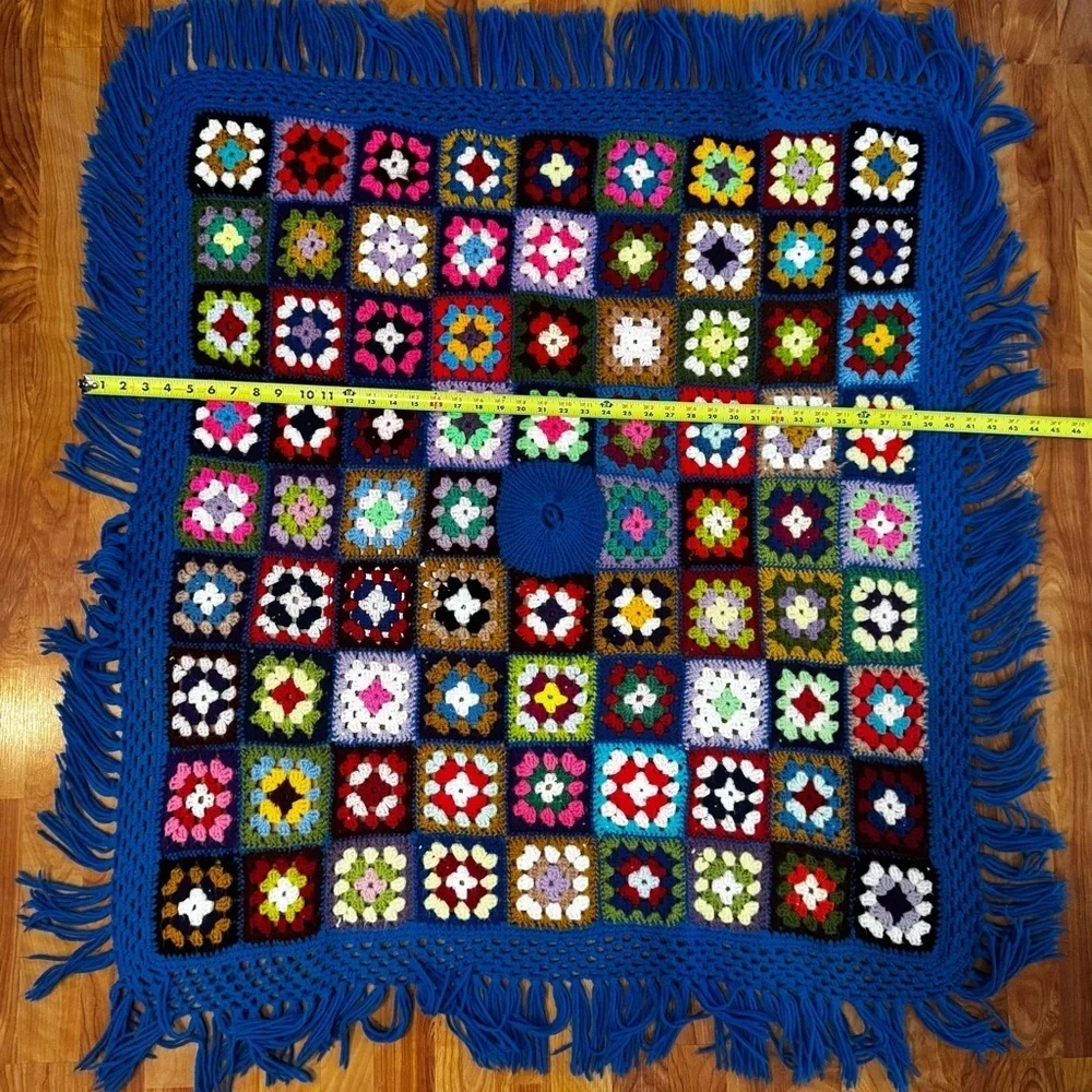Vintage Handmade Crochet Afghan Granny Square Blue Edge 44 x 49 Throw 80 Squares